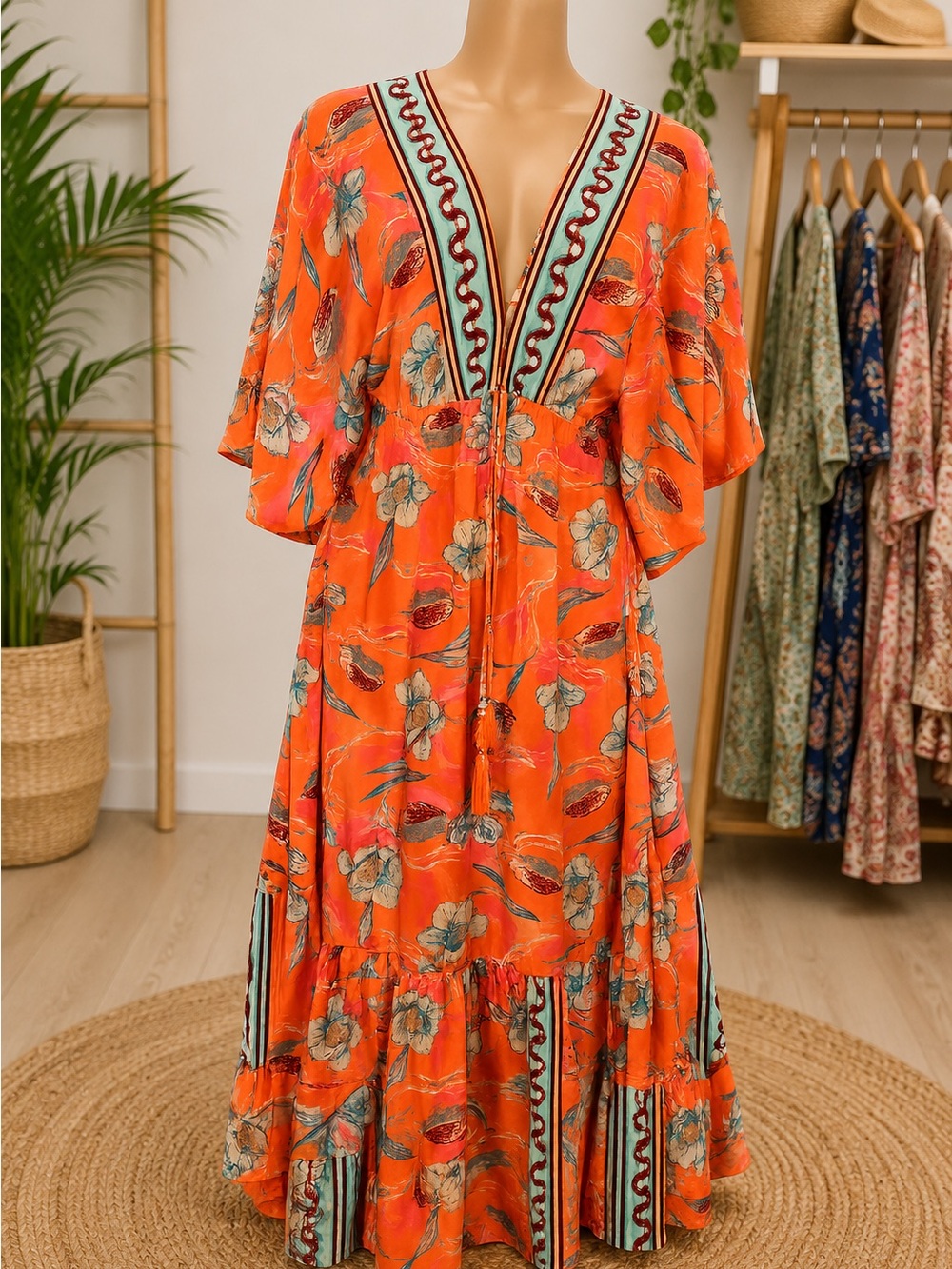 Bohemian Floral Orange Maxi Dress with Embroidered Trim